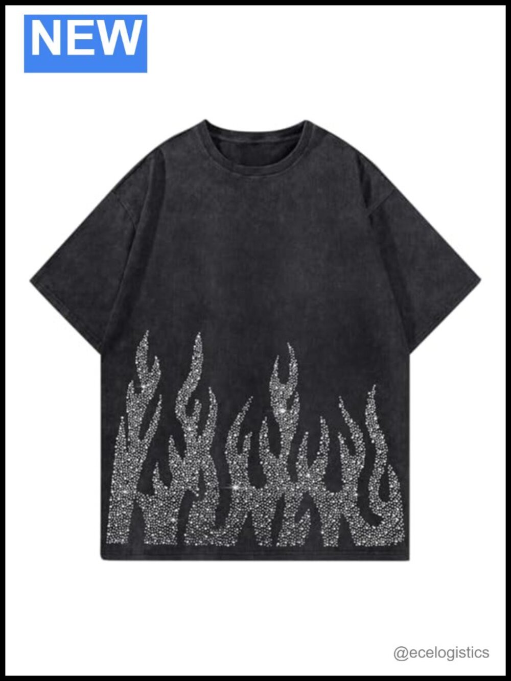 Oversized Rhinestone Flame Graphic Tee Streetwear Grunge Y2K T-Shirt